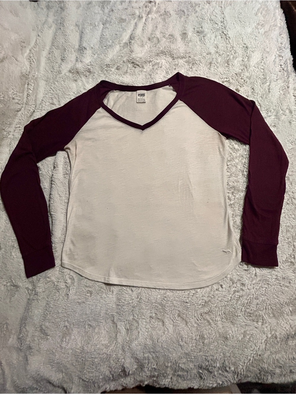 Pink VS Raglan Long Sleeve Top - Cream with Burgundy Sleeves Large